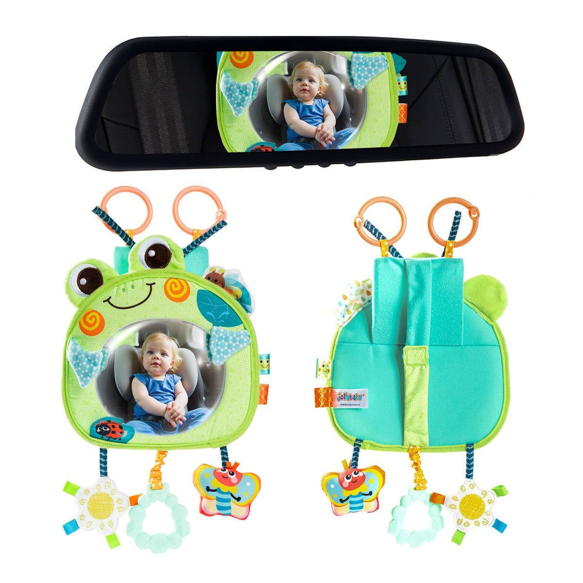 Jollybaby frog mirror panorama calms baby during car rides.