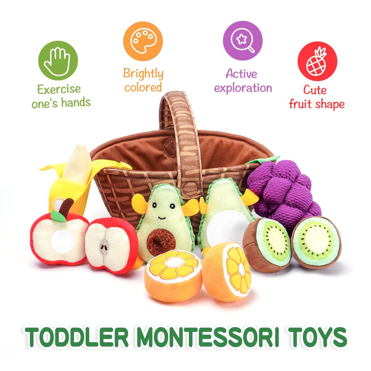 Jollybaby kiwi plush fruit toy encourages grasping and early cognitive development.
