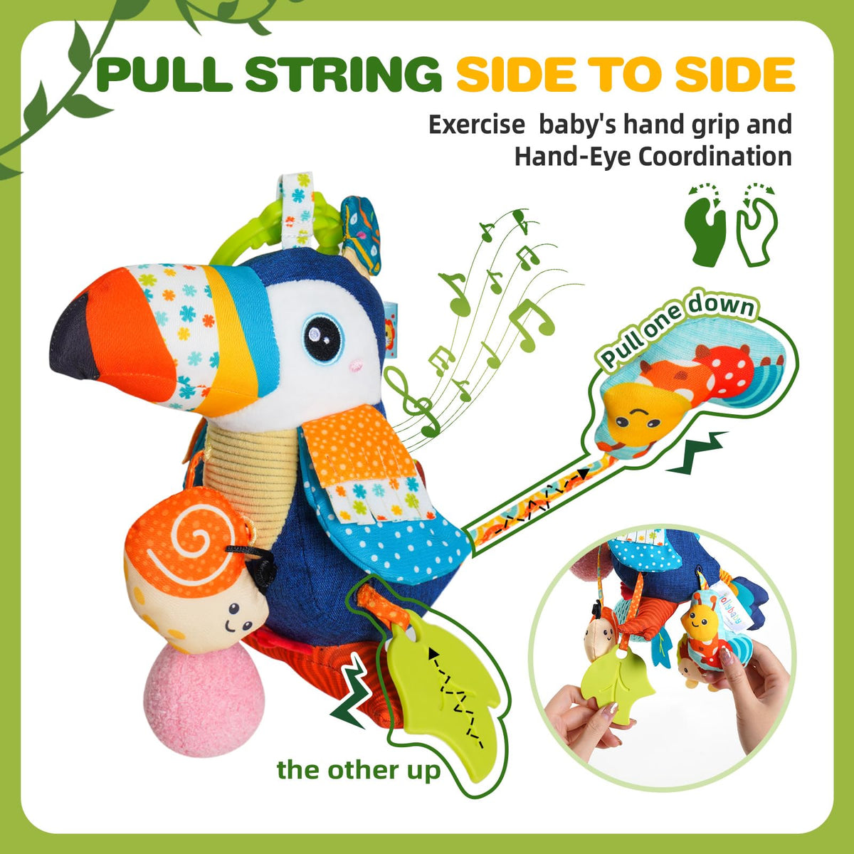 Jollybaby Montessori-inspired plush toucan promotes grip development and cause-effect exploration.