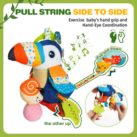 Jollybaby Montessori-inspired plush toucan promotes grip development and cause-effect exploration.