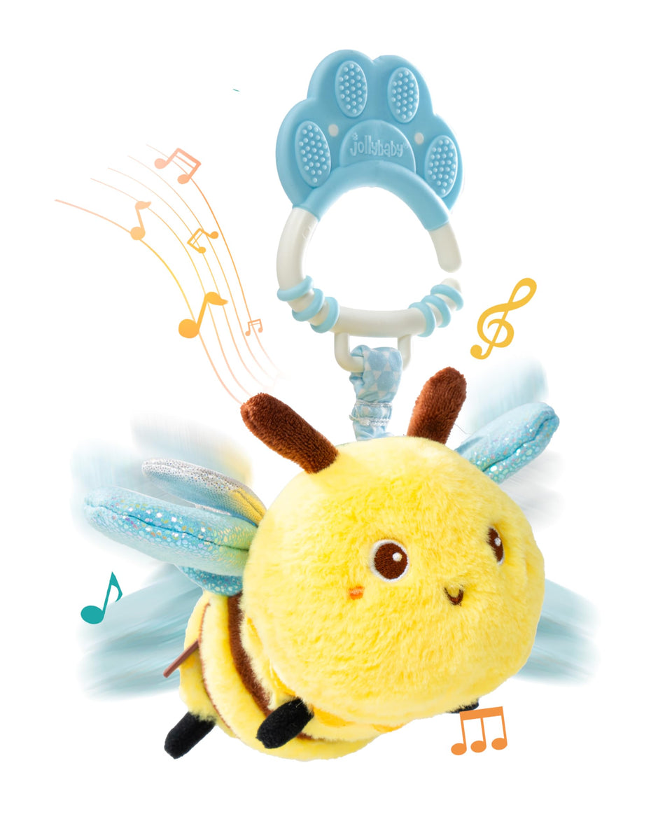 Jollybaby musical flying bee toy attached to a car seat, stimulating tactile and auditory senses.