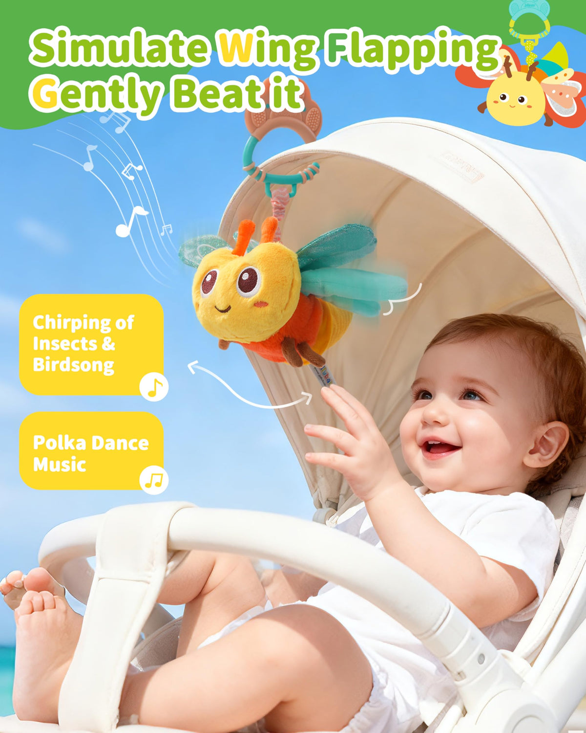 Jollybaby hanging bee toy in crib with soft textures inviting visual exploration.