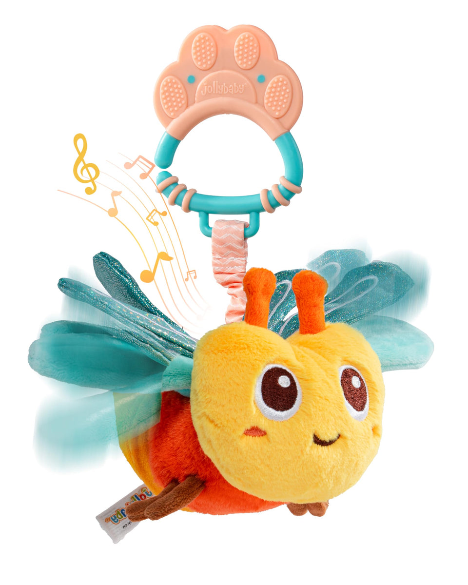 Jollybaby dragonflies toy on car seat providing calming music and engaging visuals
