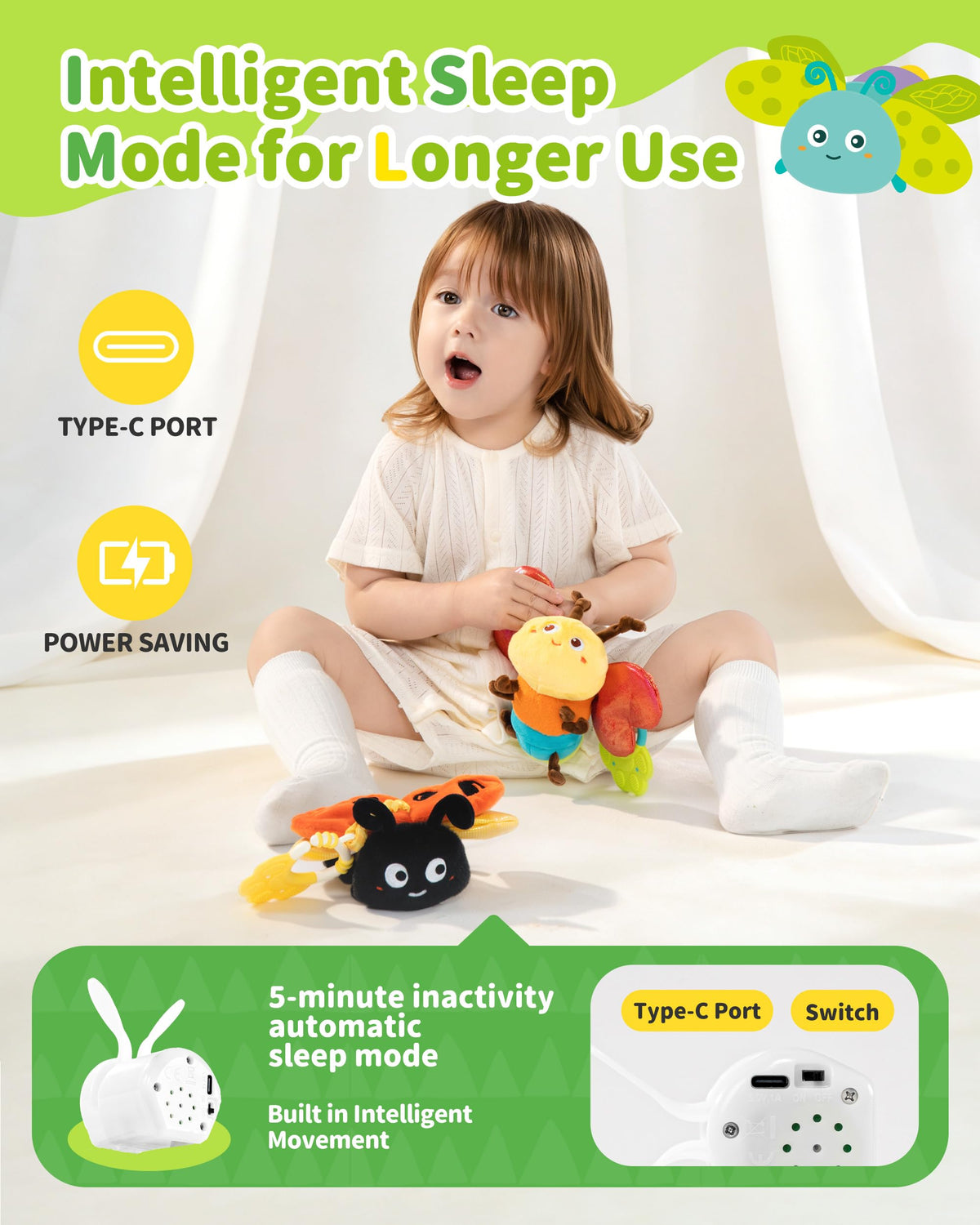Jollybaby dragonflies toy hanging from play gym for tummy-time interaction