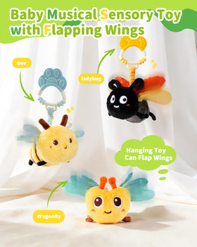 Jollybaby dragonflies toy attached to stroller for on-the-go sensory engagement