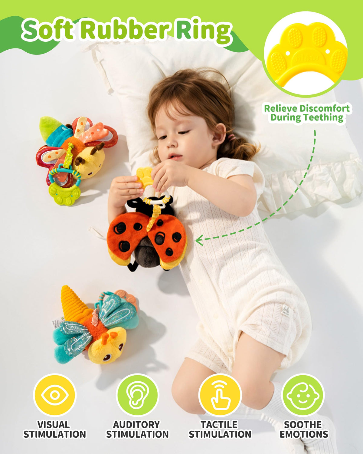 Jollybaby dragonflies toy supports tummy time with soft textures during play