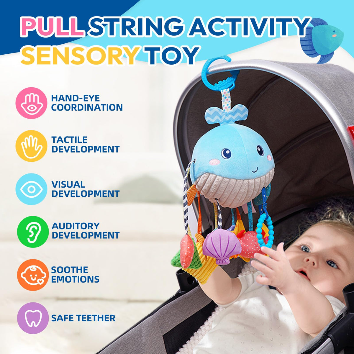 Jollybaby Ocean Whale toy on car seat, featuring teether and rattle for engagement.