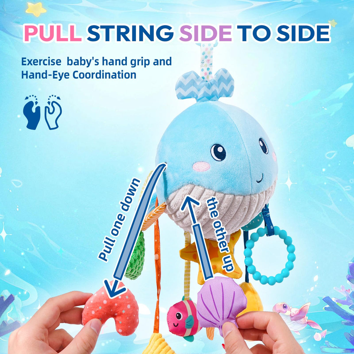 Jollybaby Ocean Whale toy attached to crib, promoting gentle play and reach.