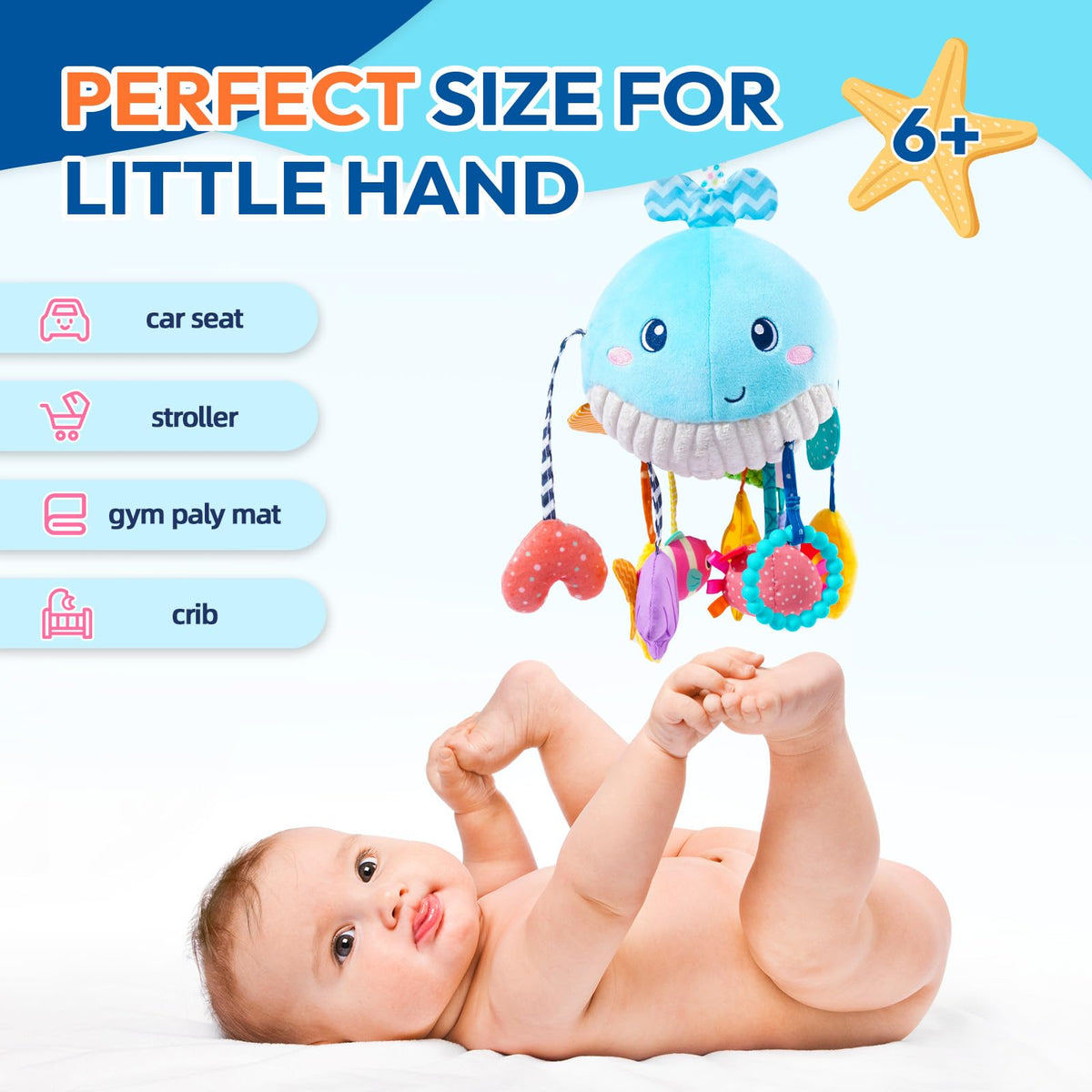 Jollybaby Ocean Whale toy pull-cord action fostering cause-and-effect awareness.