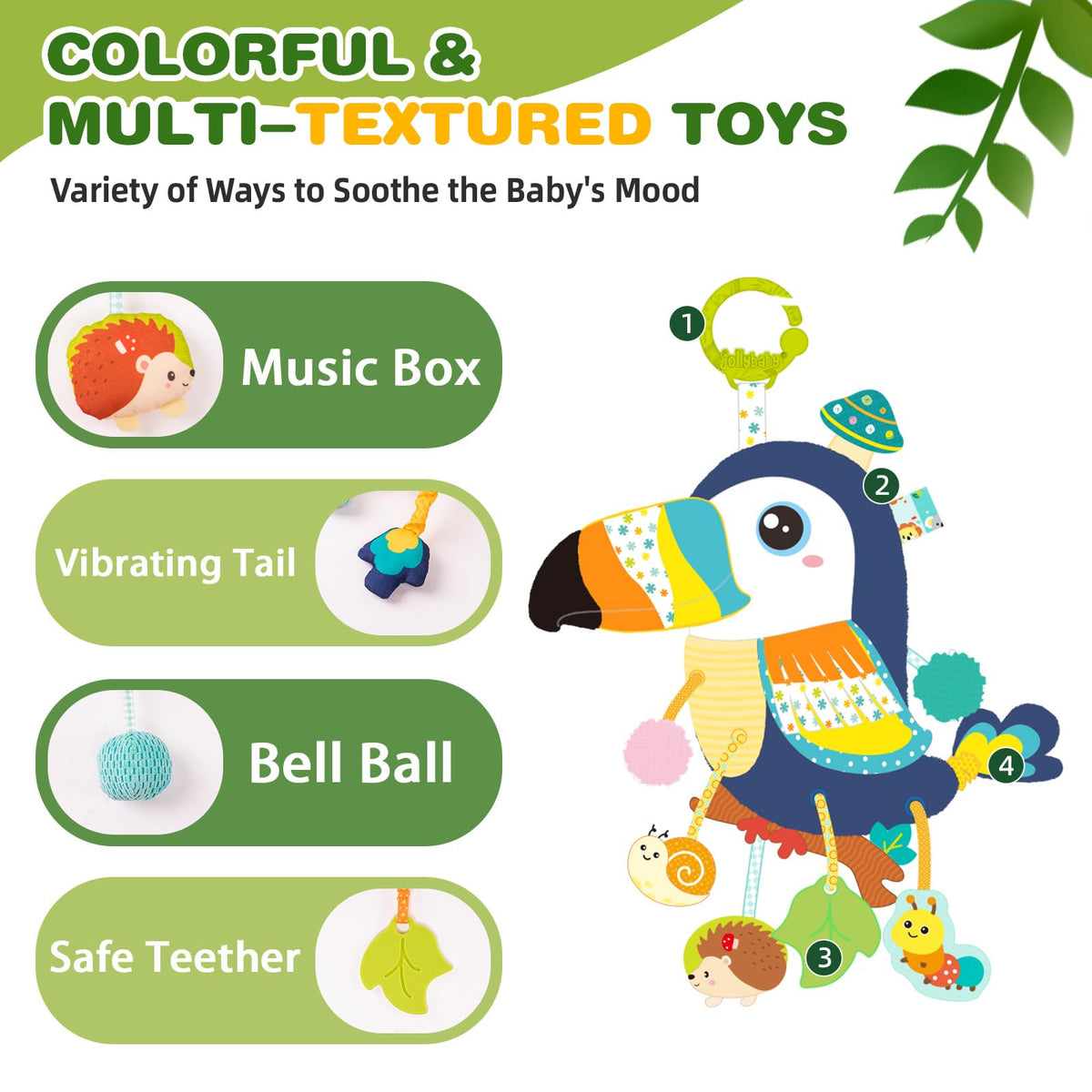 Jollybaby soft fabric safety crib toy gentle on delicate skin.