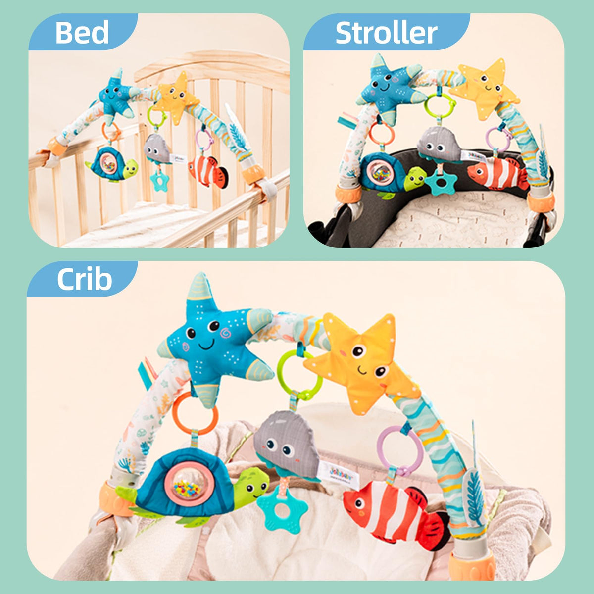 Jollybaby arch features adjustable arm for universal fit on cribs and prams.