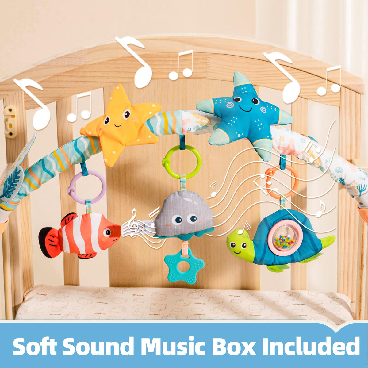 Jollybaby music box and rattle add gentle sounds to engage baby.