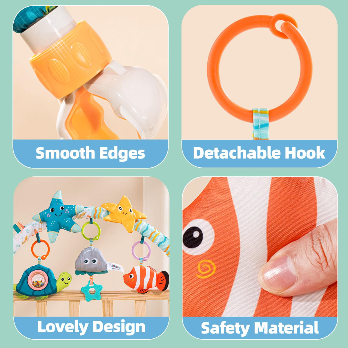 Jollybaby teether included in arch toy offers safe chewing moments.