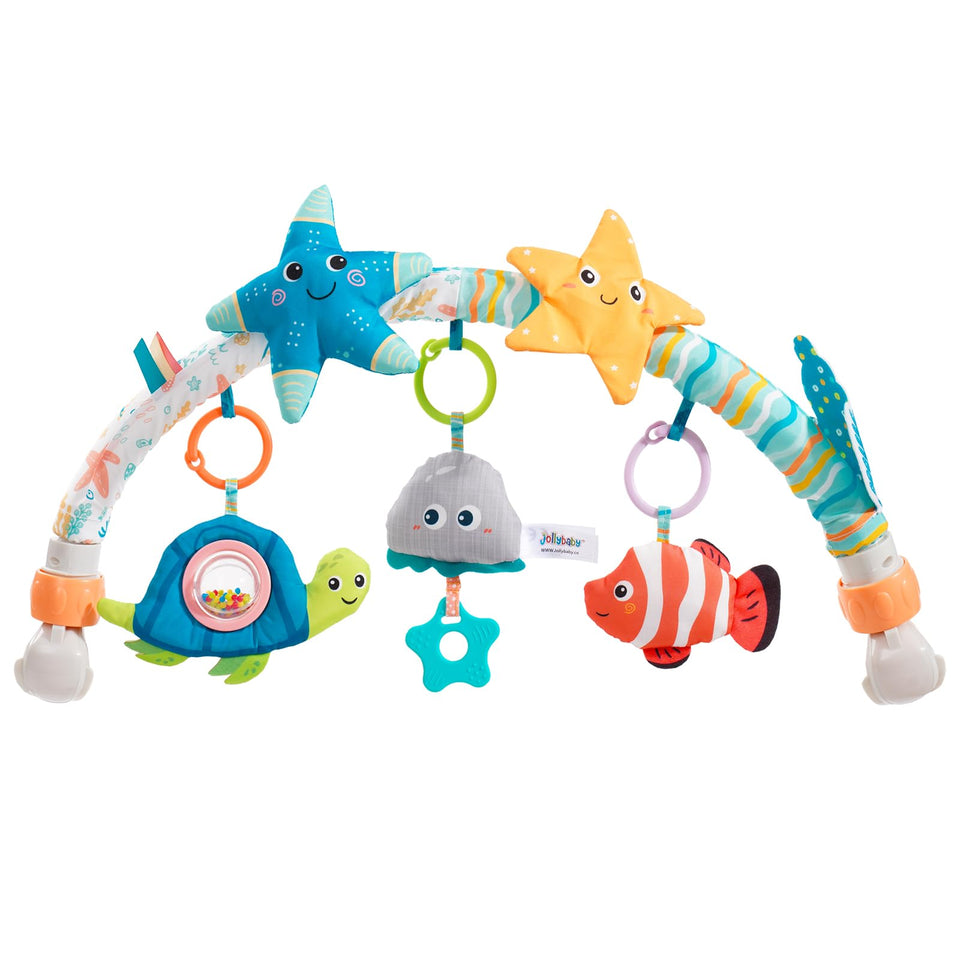 Jollybaby stroller arch toy with dinosaur theme supports early motor skills on the go.