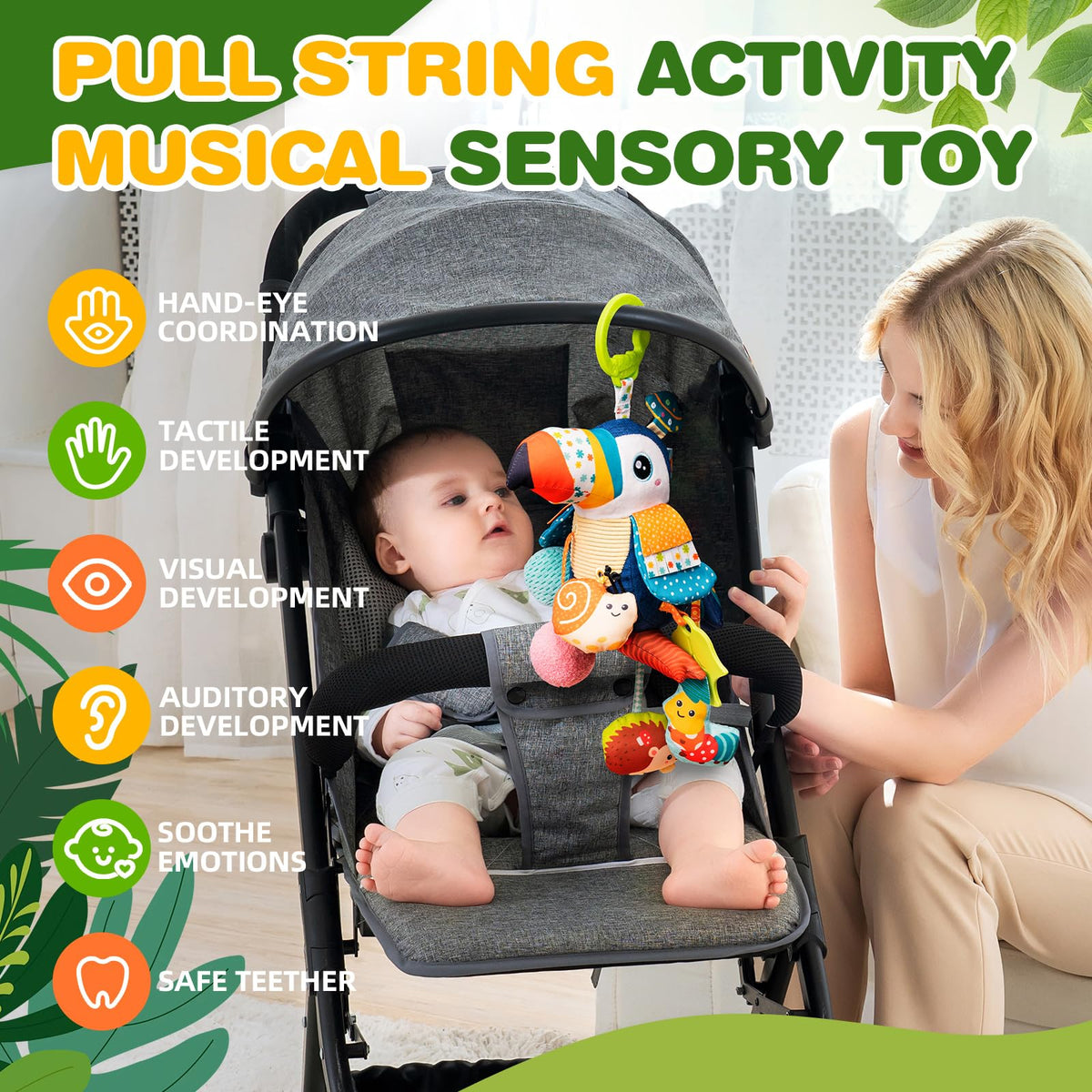 Jollybaby Toucan teether and rattle encourages grasp and teething relief during car rides.