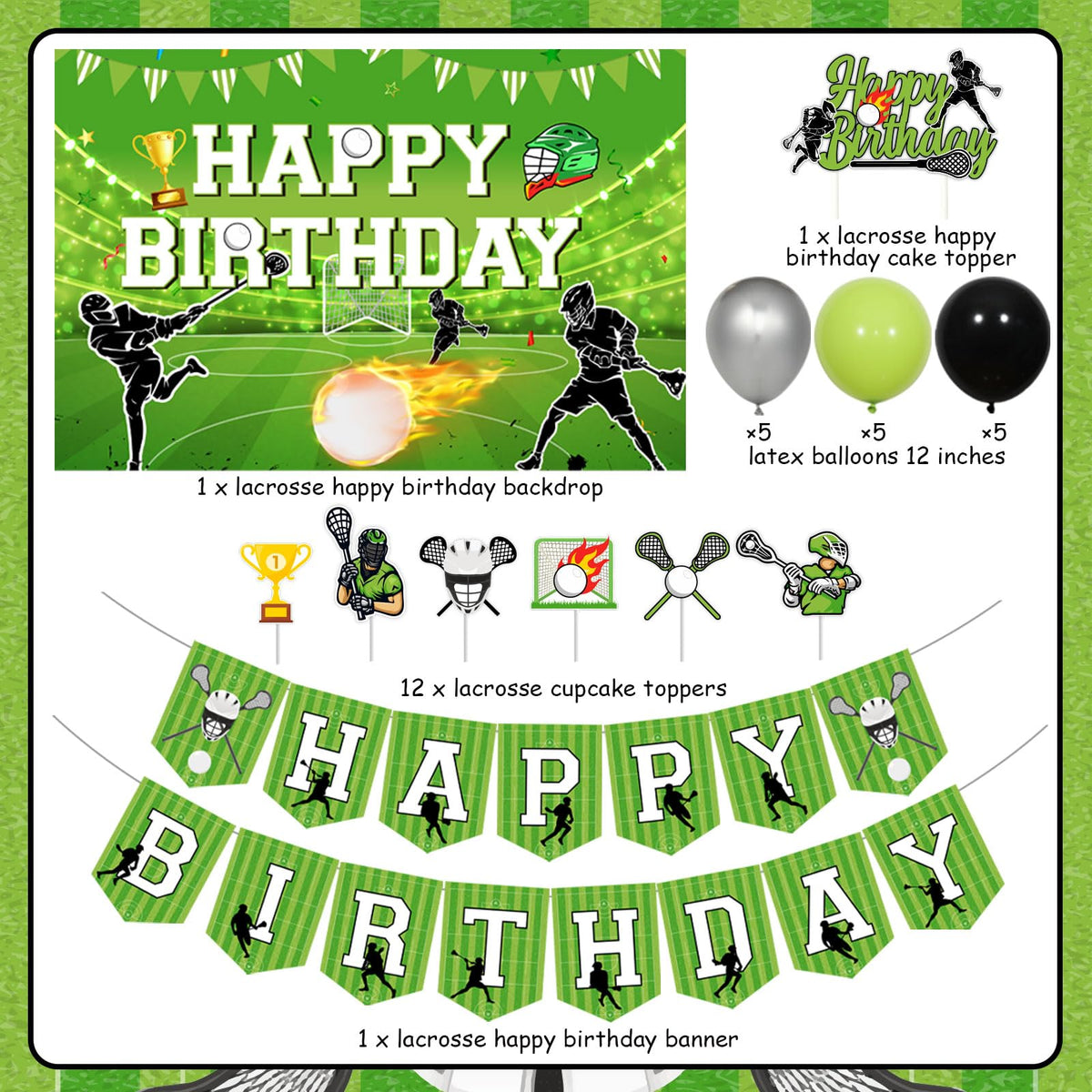 Jollyboom Lacrosse party decor set; cohesive theme with minimal effort.