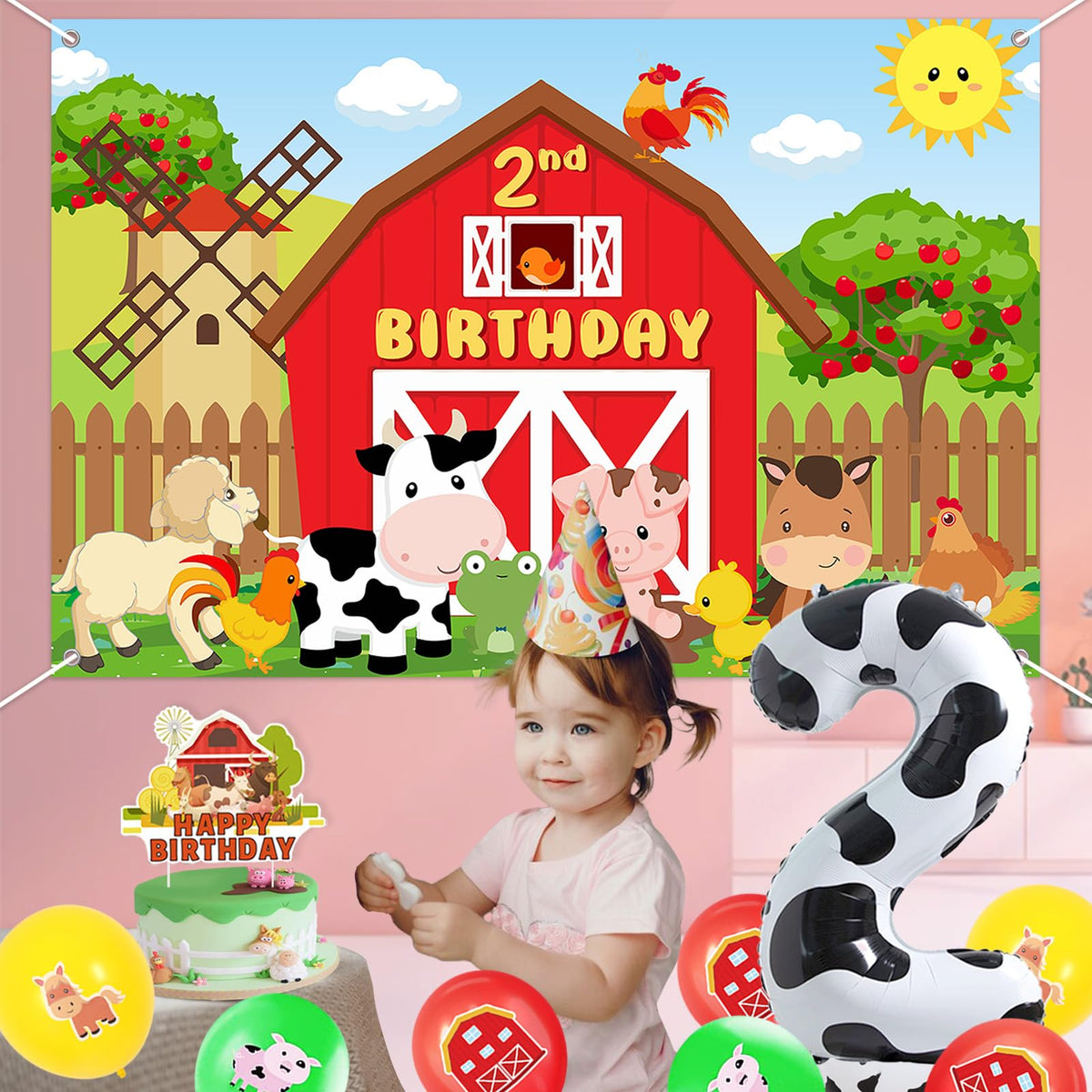 Jollyboom latex balloon set adds color and festivity to the farm party.