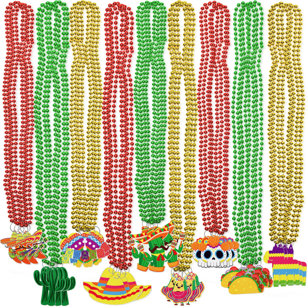 jollylife Fiesta Beaded Necklaces 36-pack in red green gold for vibrant party decor