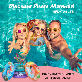 Jomi & Jolly pool party setup with colorful inflatable floats