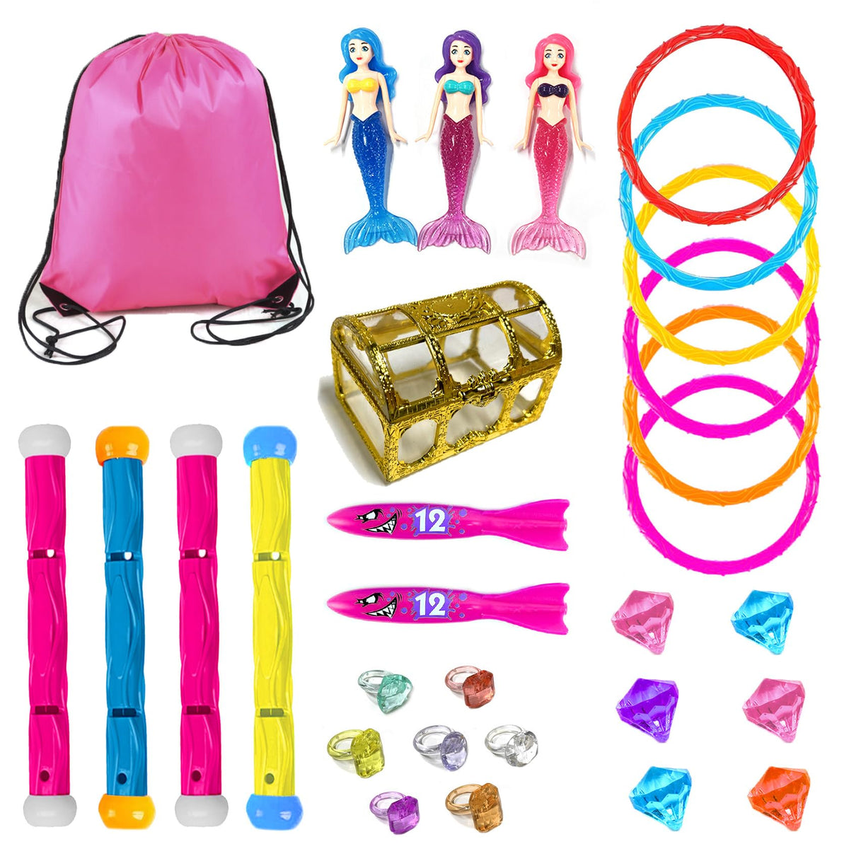 Jomi and Jolly mermaid toy kit ready for colorful pool adventures.