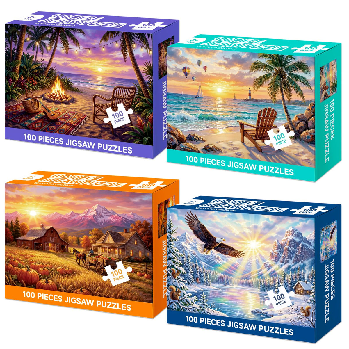 Jomzuci 4-pack 100-piece puzzle featuring spring tropical campfire scenery for immersive family activity