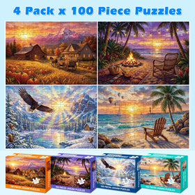 Jomzuci 4-pack 100-piece puzzle with summer beach sunset promotes mindful, screen-free relaxation