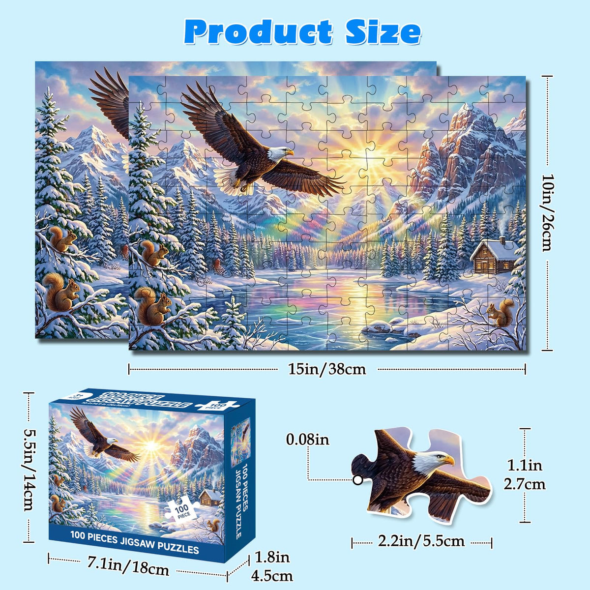 Jomzuci 4-pack 100-piece puzzle reveals winter mountain lake for calm, reflective moments