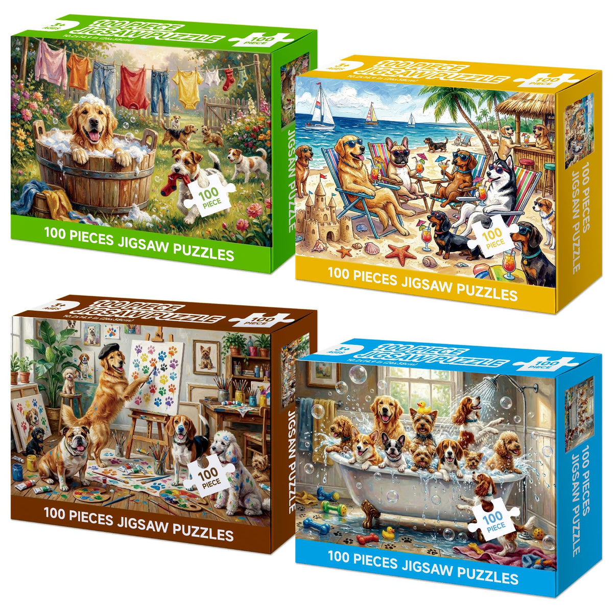Jomzuci Bath Frolic 100-piece puzzle—kid-friendly dog scene for group play