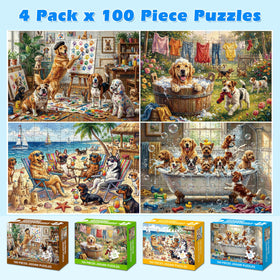 Jomzuci Beach Party 100-piece puzzle—bright dogs for family fun and screen-free activity