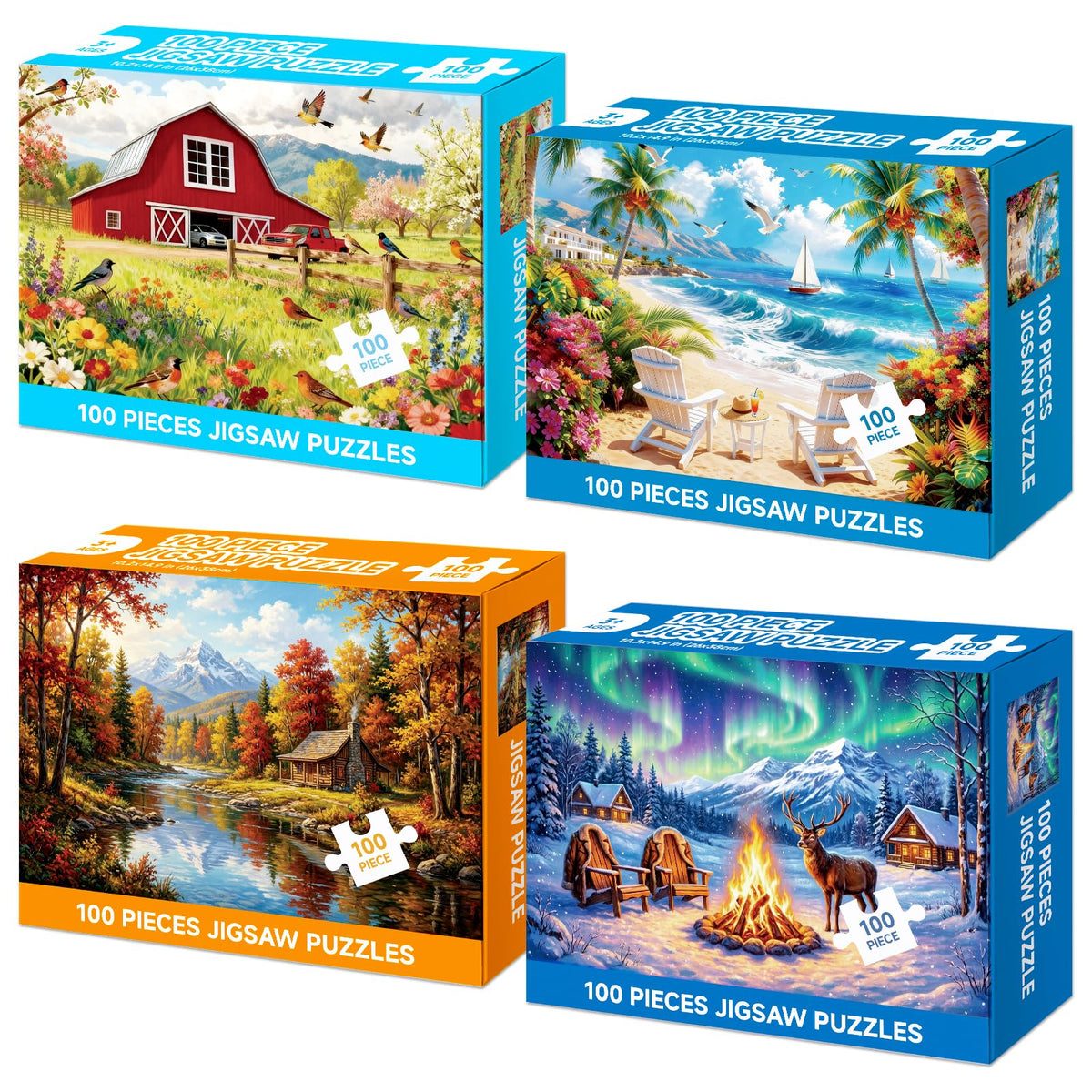Jomzuci 4-Pack Spring Barn Farm puzzle, vivid colors for a soothing solo session.