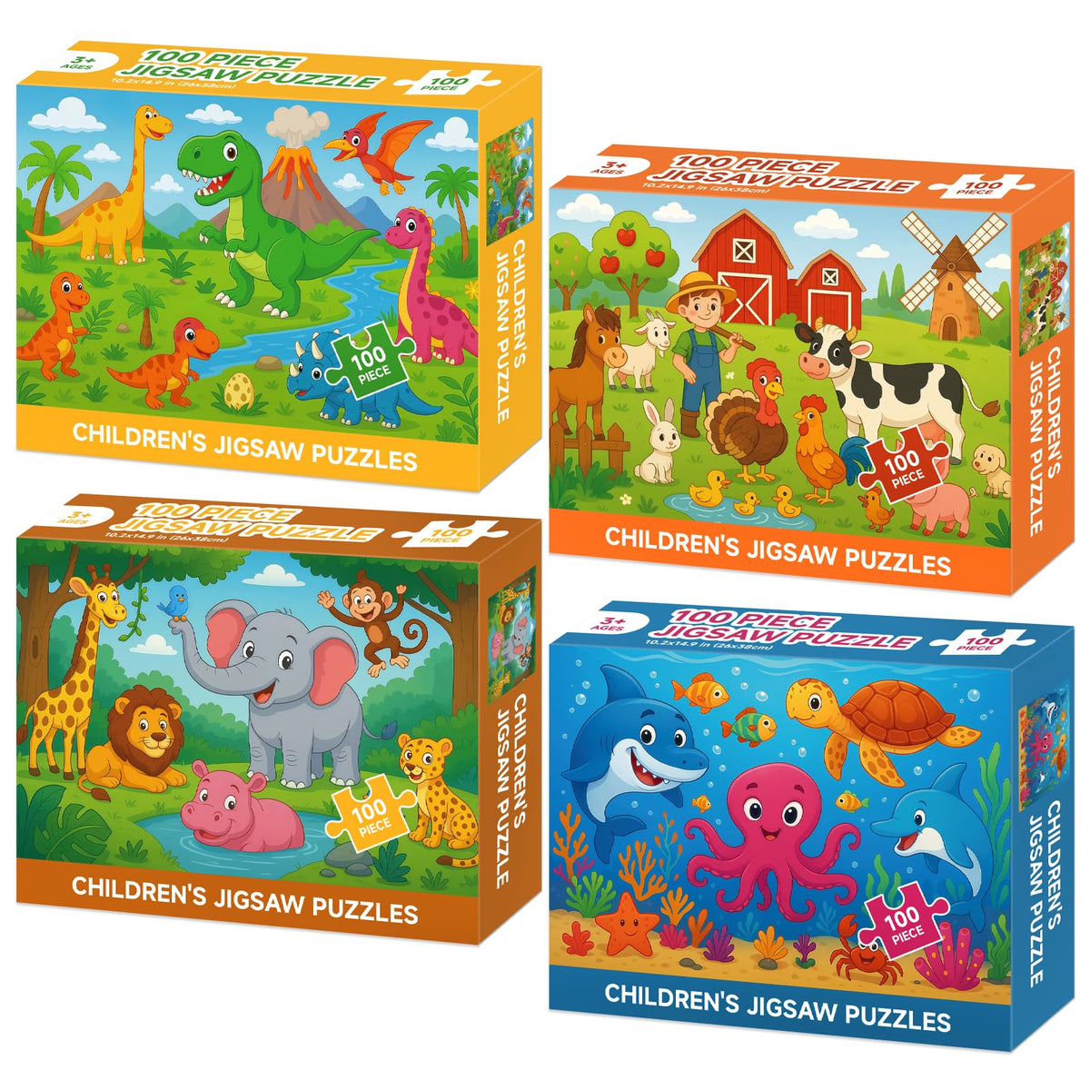 Jomzuci 4-pack puzzles farms: bright colors aid early matching skills.