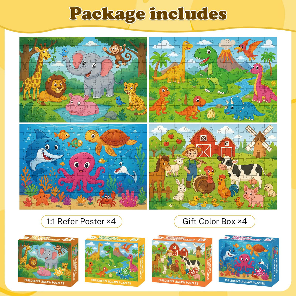 Jomzuci 4-pack puzzles SeaWorld: vibrant marine scenes enhance focus.