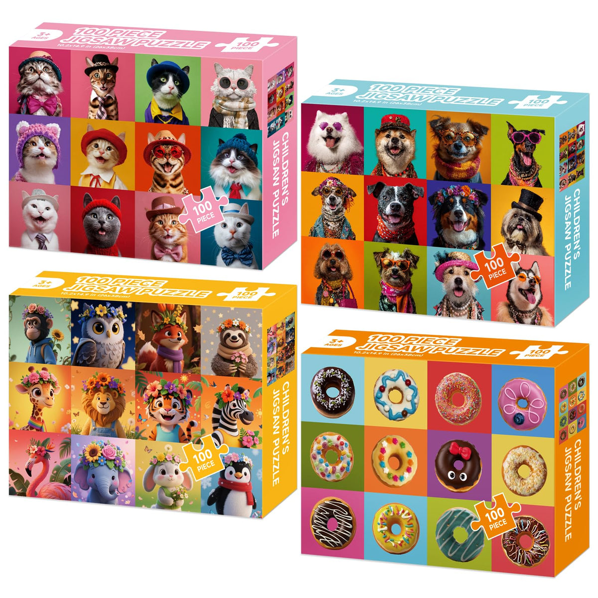 Jomzuci 4-pack puzzle box front showing vibrant themes for kid-friendly play