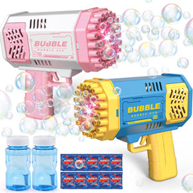 JONEG bubble machine 2-piece set with lights creates a dazzling backyard bubble show.