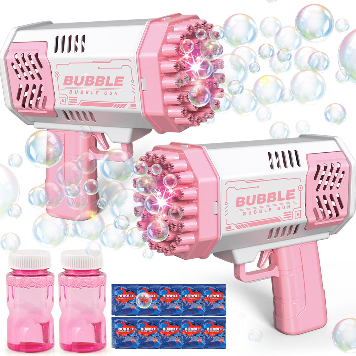JONEG bubble machine two-pack for kids creates a lively bubble show indoors or outdoors.