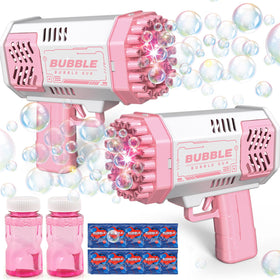JONEG bubble machine two-pack for kids creates a lively bubble show indoors or outdoors.