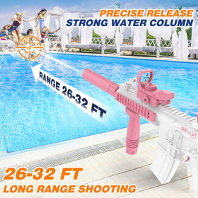 JONEG long-range water blaster projecting streams 26–32 feet across the lawn.