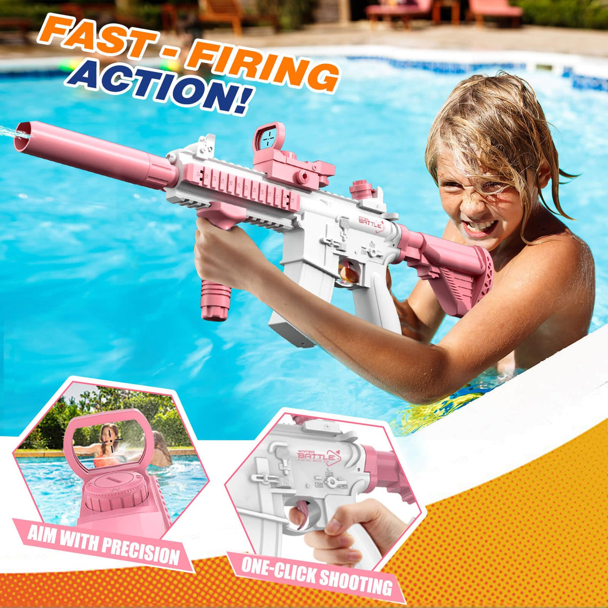 JONEG automatic water gun firing rapidly during a backyard water battle.