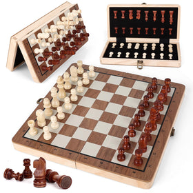 Joneytech wooden chess set with folding board for easy travel and storage.