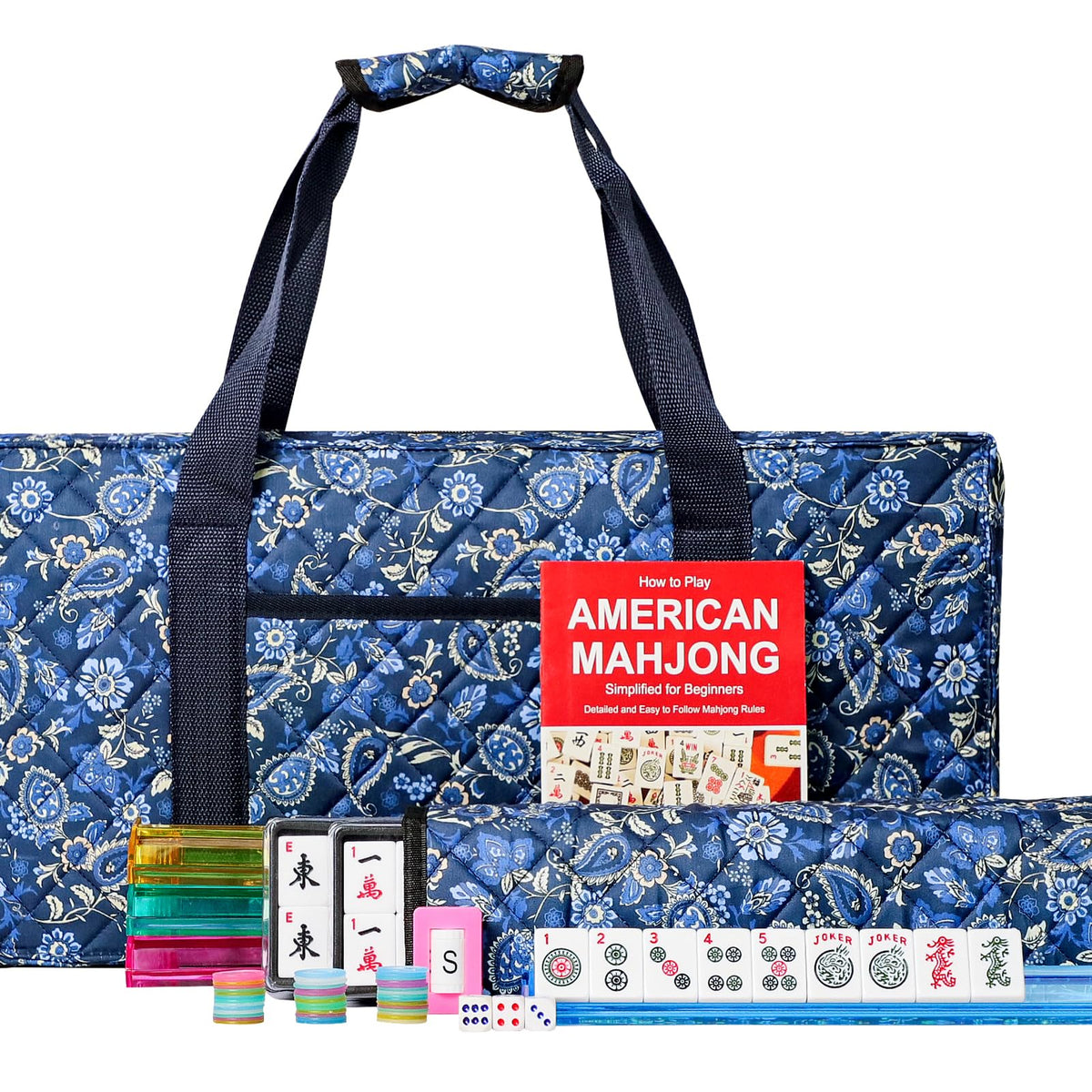 Jongyance American Mahjong set with blue carrying bag for easy transport and storage