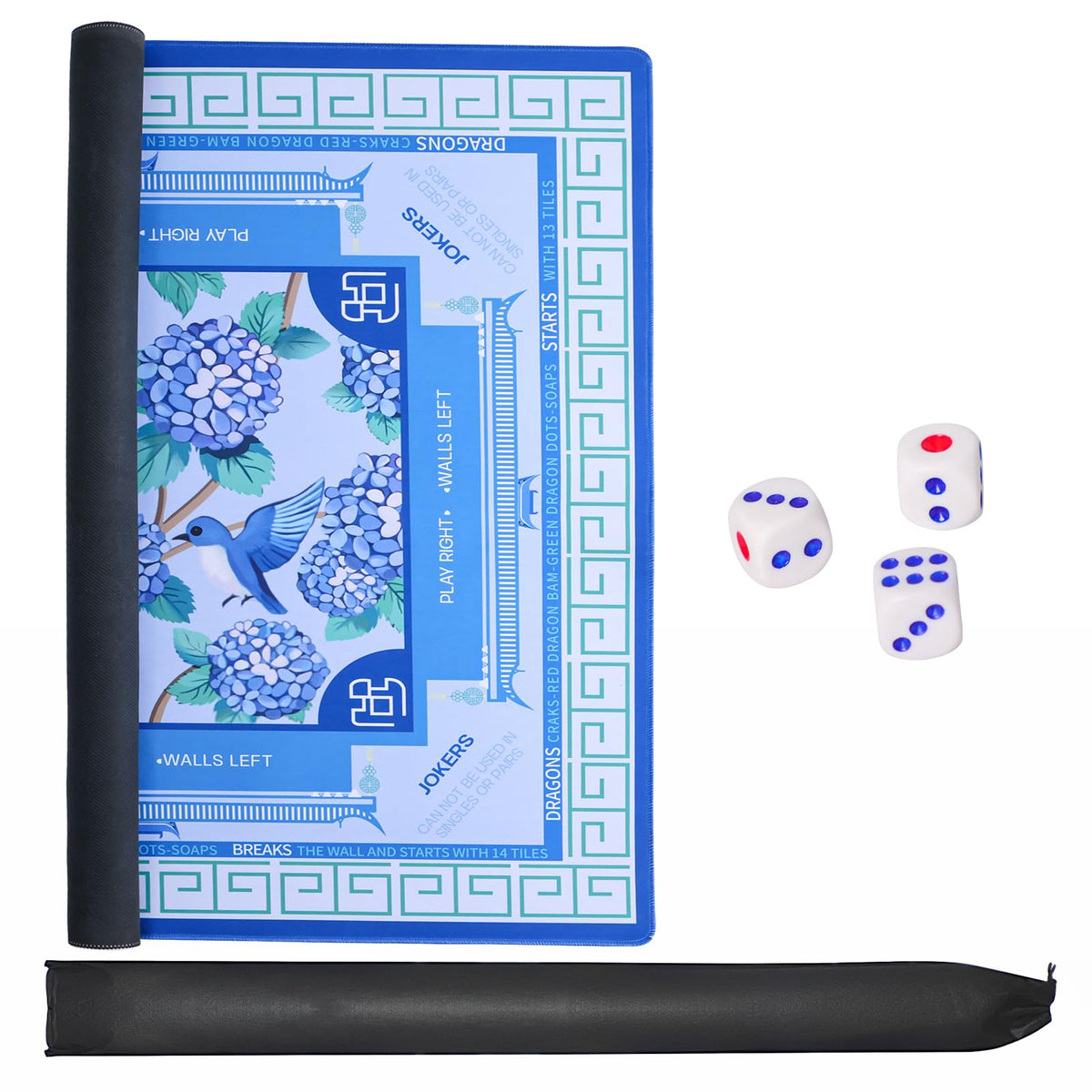 Blue Jongyance Mahjong mat showing instruction design for quick setup