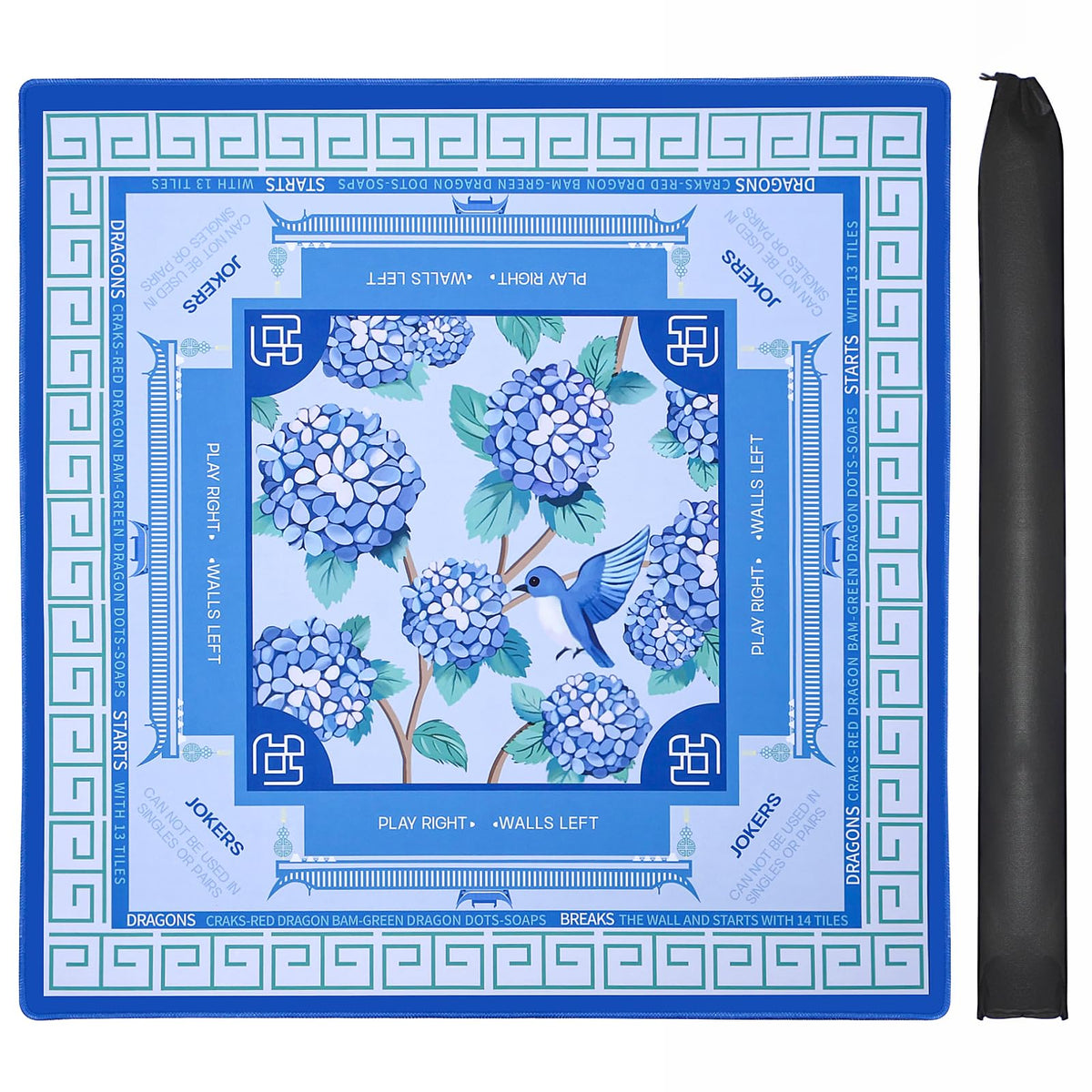 Jongyance blue Mahjong mat on a square table ready for play with clear surface and blue design