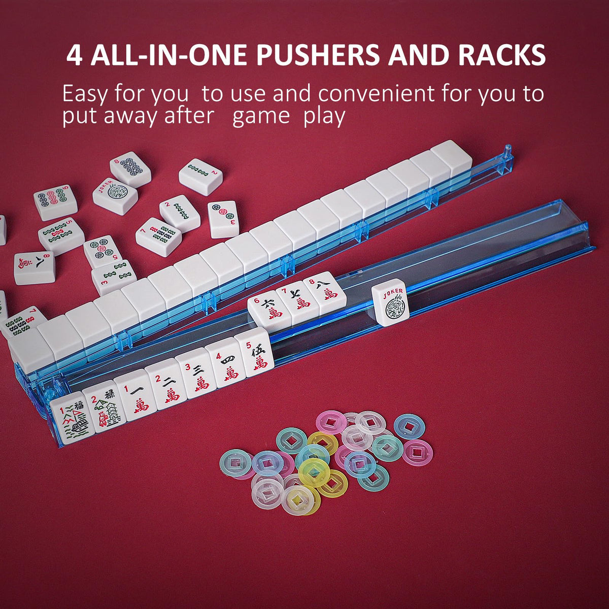 Dice and money chips included with Jongyance set – authentic accessories for traditional Mahjong.