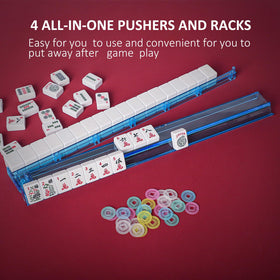 Dice and money chips included with Jongyance set – authentic accessories for traditional Mahjong.