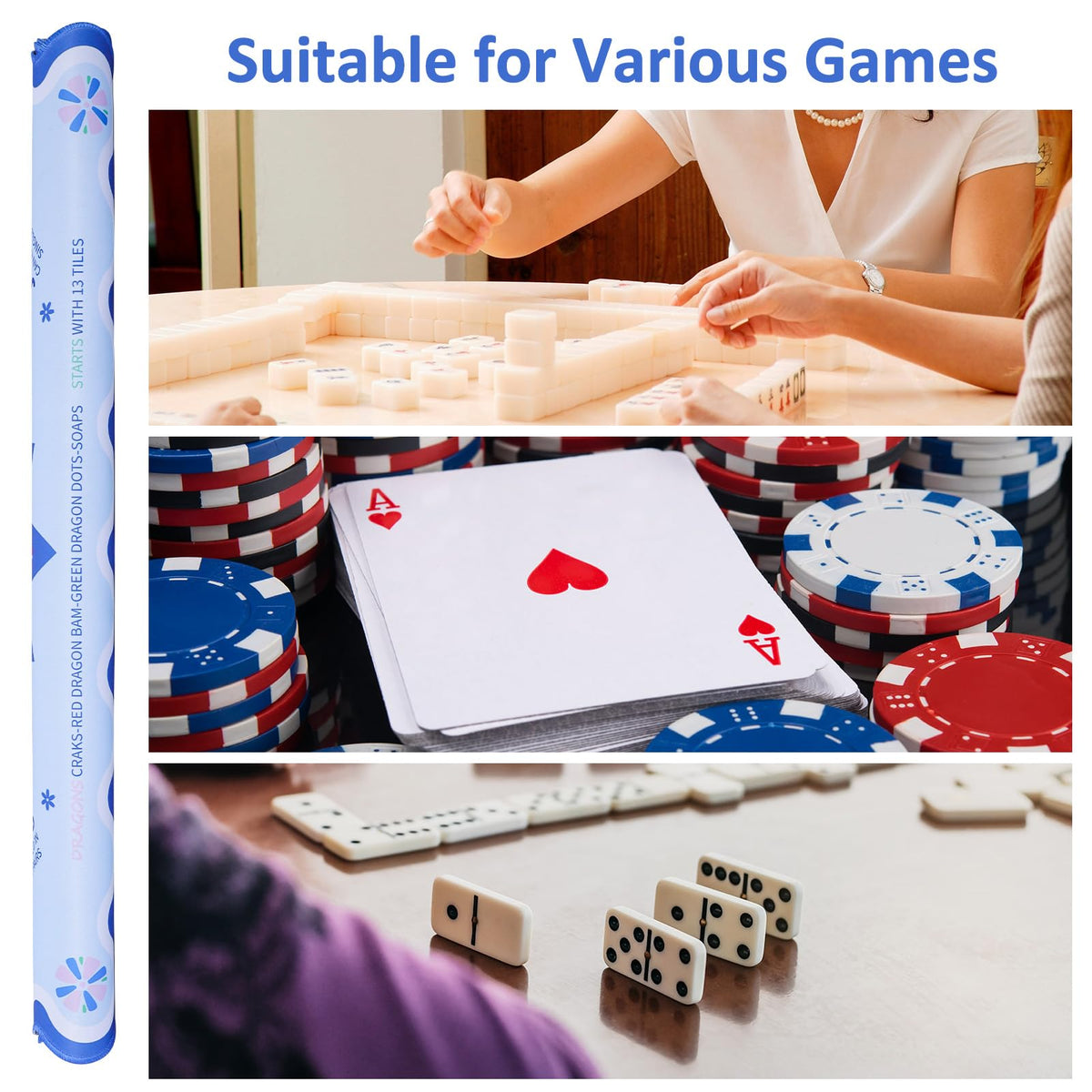 Includes three dice for quick-start play with the Jongyance mat.
