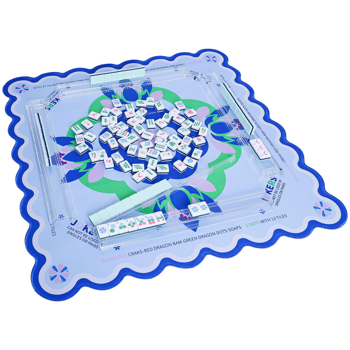 Jongyance Learning Mahjong Mat on table showing blue pattern and size.