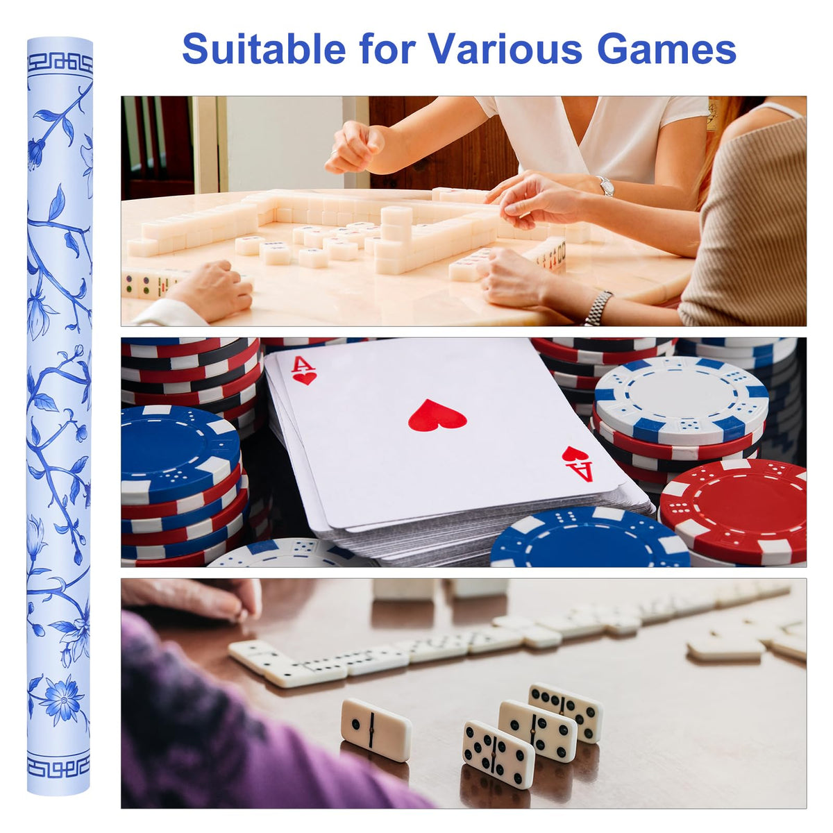 Jongyance mat includes three dice for quick dice game options