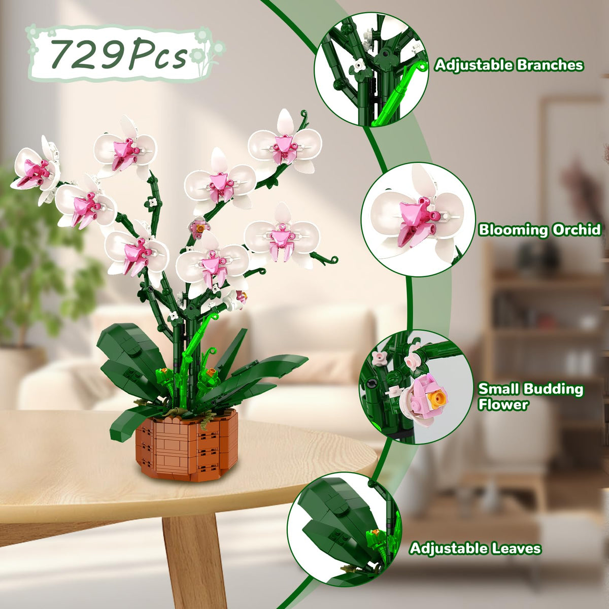 Joniuuca realistic orchid assembly parts arranged for a step-by-step build