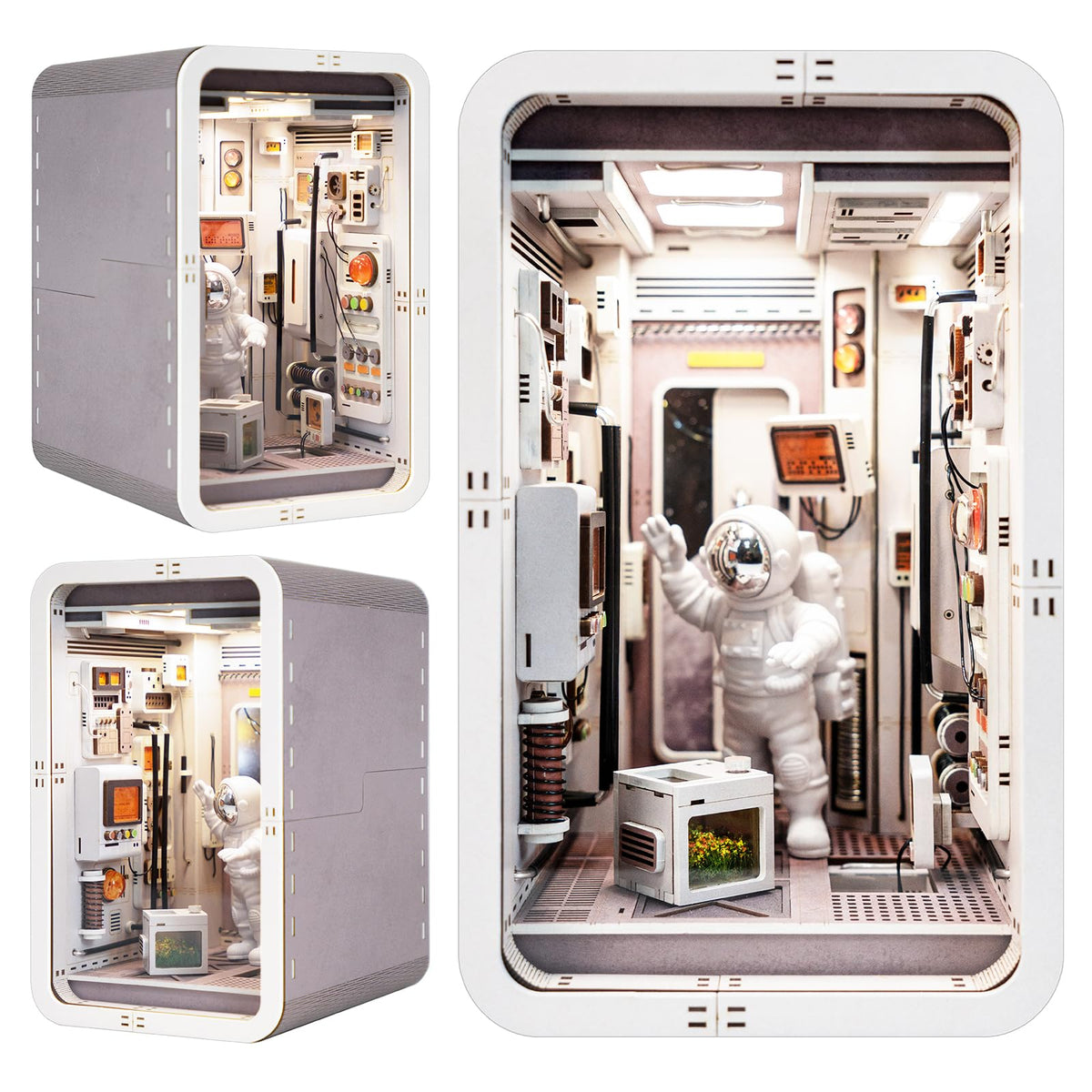 Joohour Space Capsule Book Nook front view with ambient lighting for cozy reading corners.