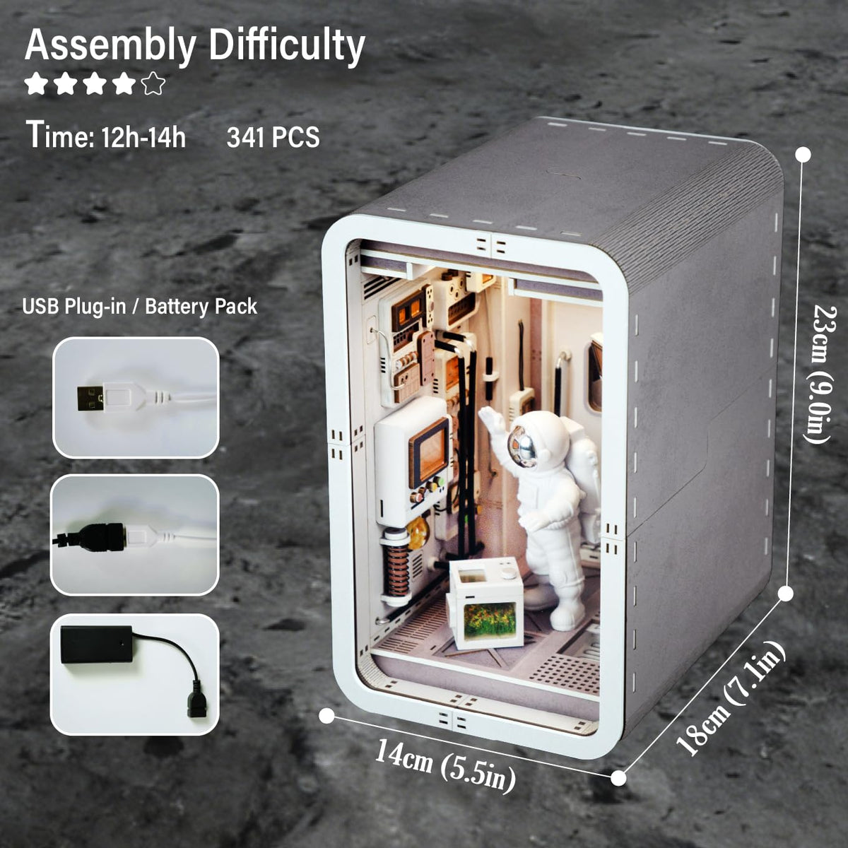 Joohour Space Capsule Book Nook side-assembly scene highlighting precise wooden panels for crafting.